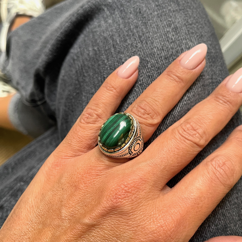 Bague Argent et Malachite - Jalan Jalan