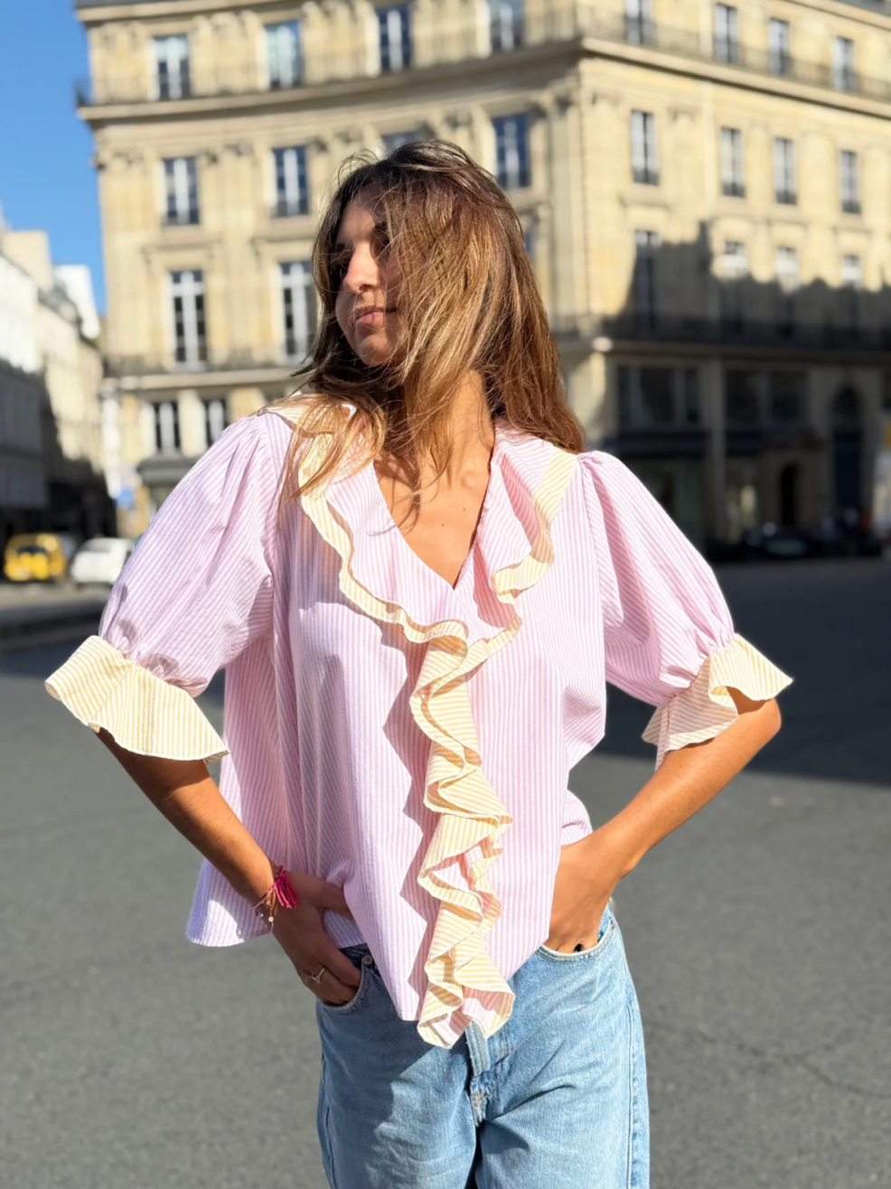 Fairy Blouse Rayures Jaune/Rose - Rose Carmine