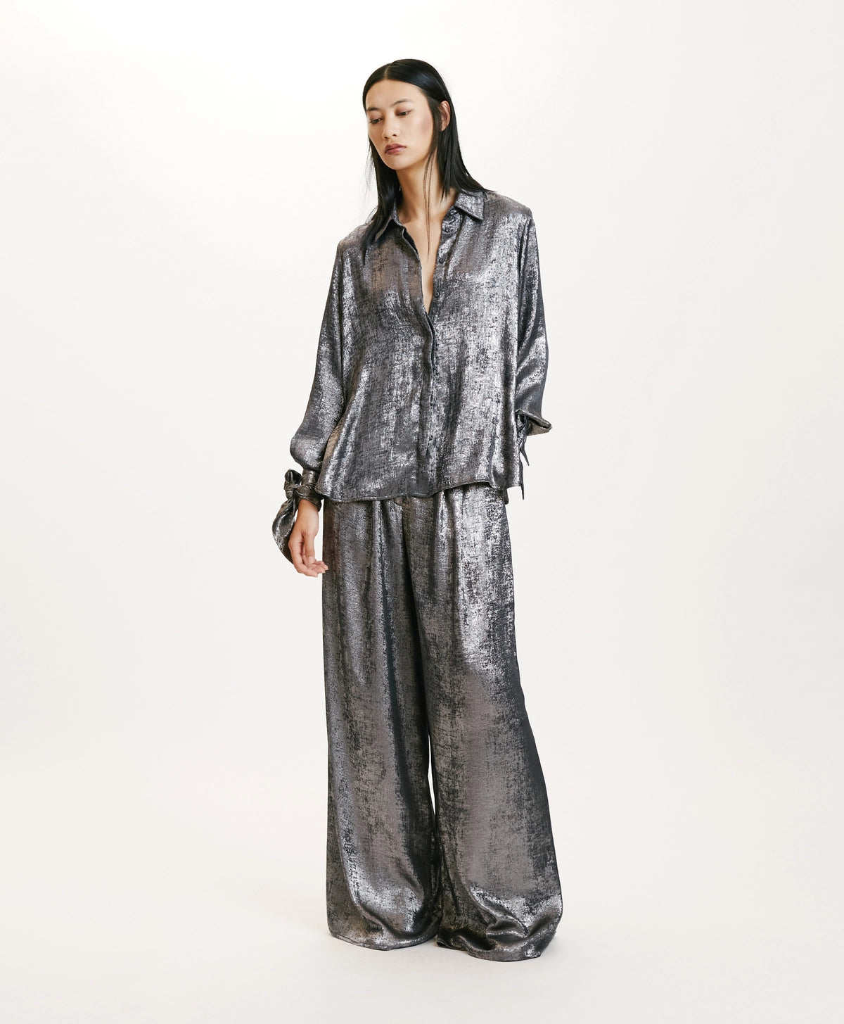 Chemisier Sake en laminé fluide argent - Momoni