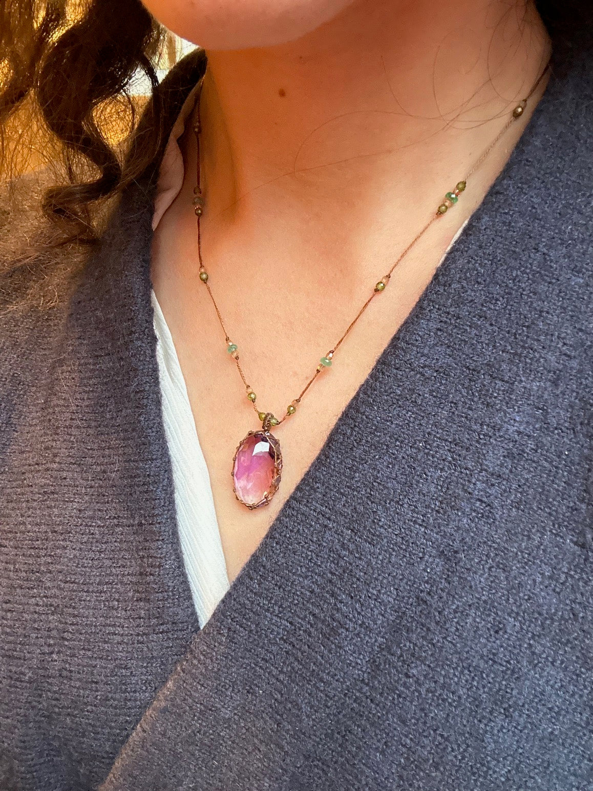 Collier Court Tibétain Améthyste Violette Fil Brun - Sharing