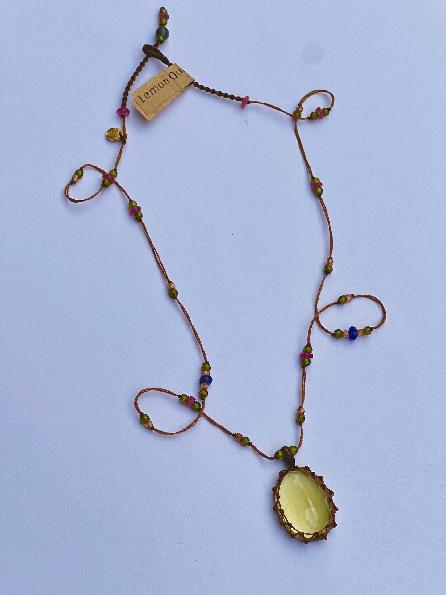 Collier Court Tibétain Lemon Quartz Fil Brun - Sharing