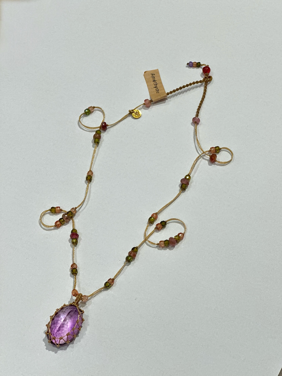 Collier Court Tibétain Améthyste Violette Fil Doré - Sharing