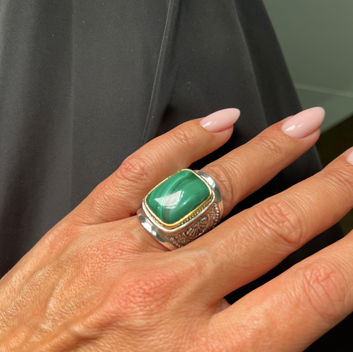 Bague Argent et Malachite - Jalan Jalan