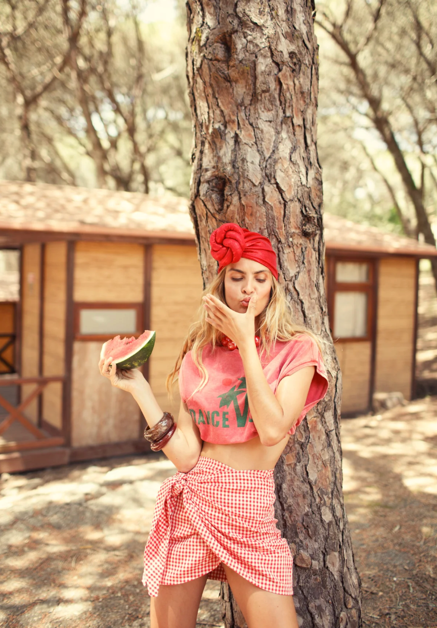Short Wrap Skirt Red & Ecru Checkered