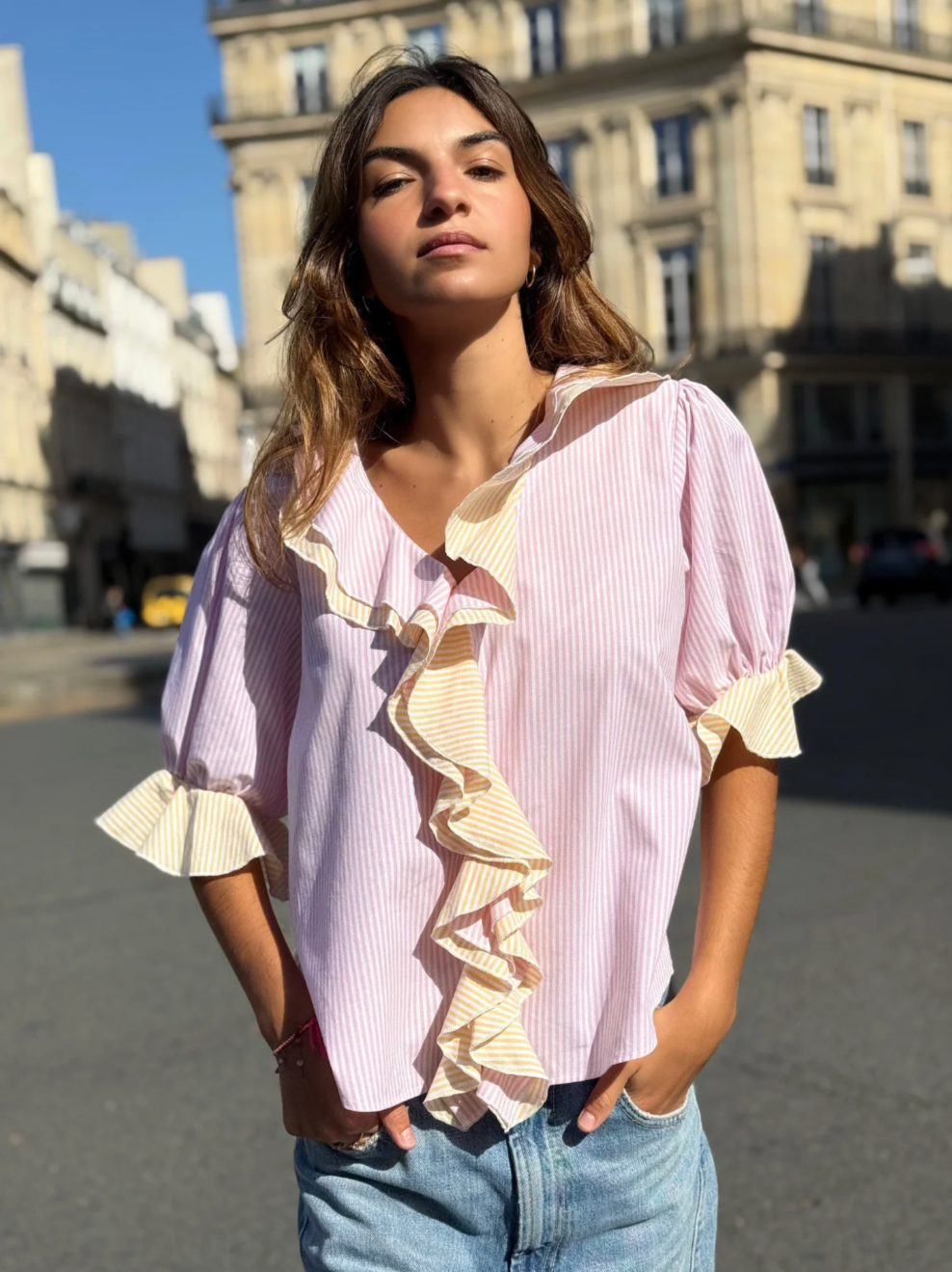 Fairy Blouse Rayures Jaune/Rose - Rose Carmine