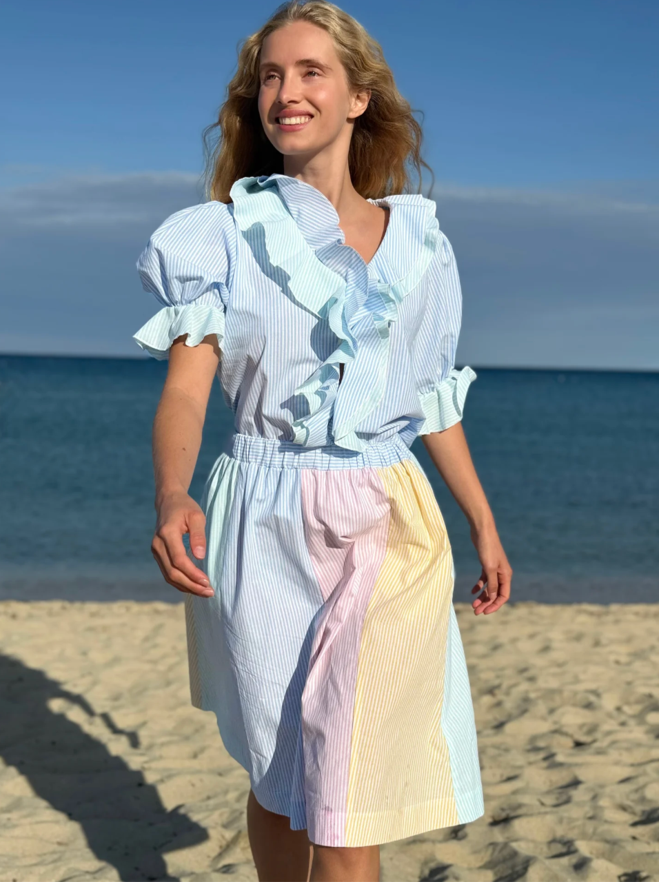 Fairy Blouse Rayures Aqua/Bleue - Rose Carmine