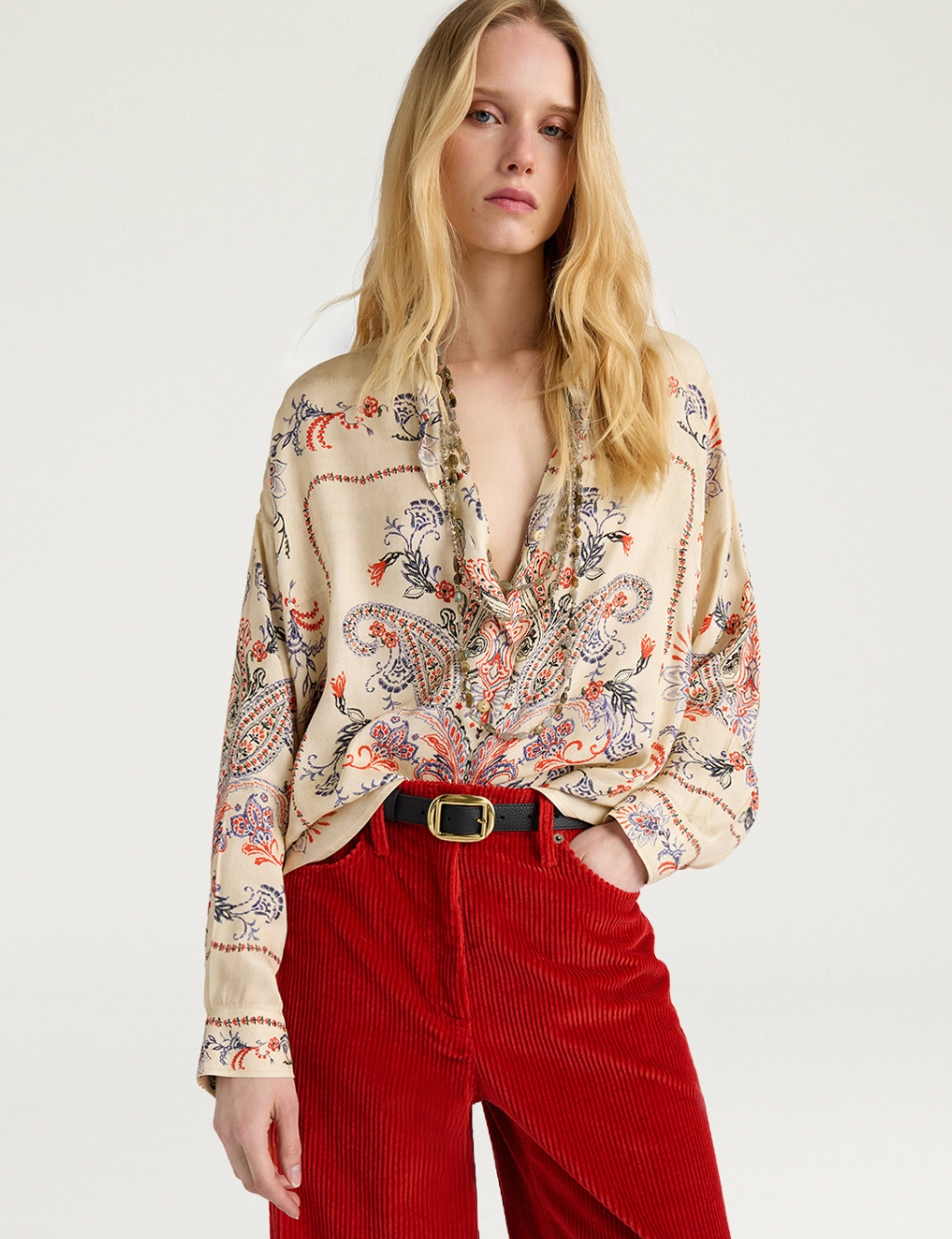 Chemisier Pitanga Satin de Viscose Multicolore Crème - Momoni