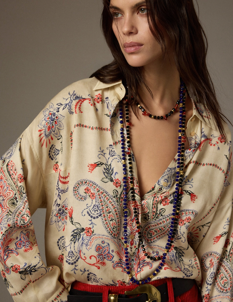 Chemisier Pitanga Satin de Viscose Multicolore Crème - Momoni