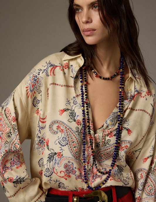 Chemisier Pitanga Satin de Viscose Multicolore Crème - Momoni