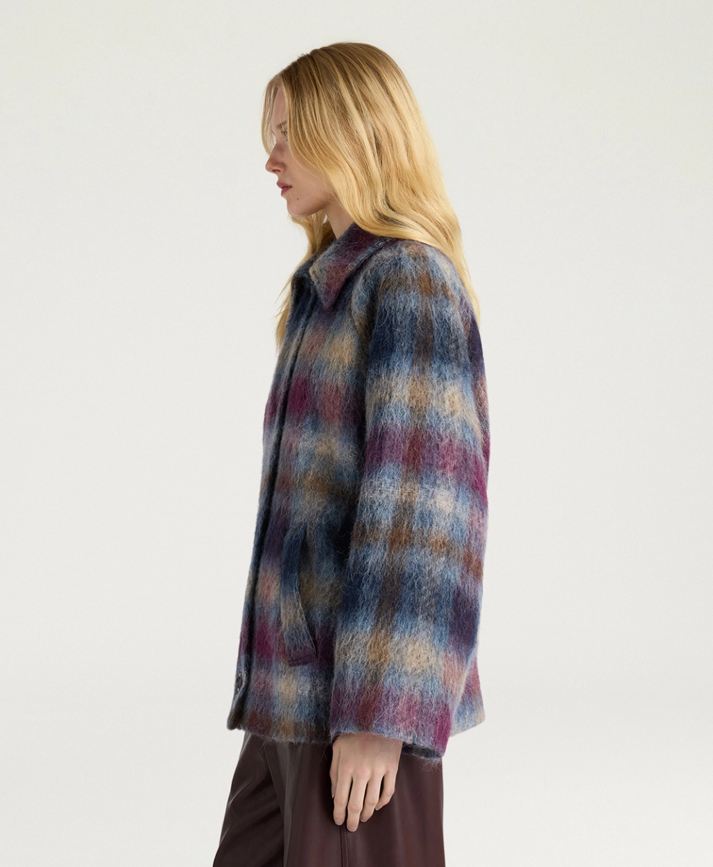 Manteau Veste Tartan Laine Céruléen/Cyclamen - Momoni