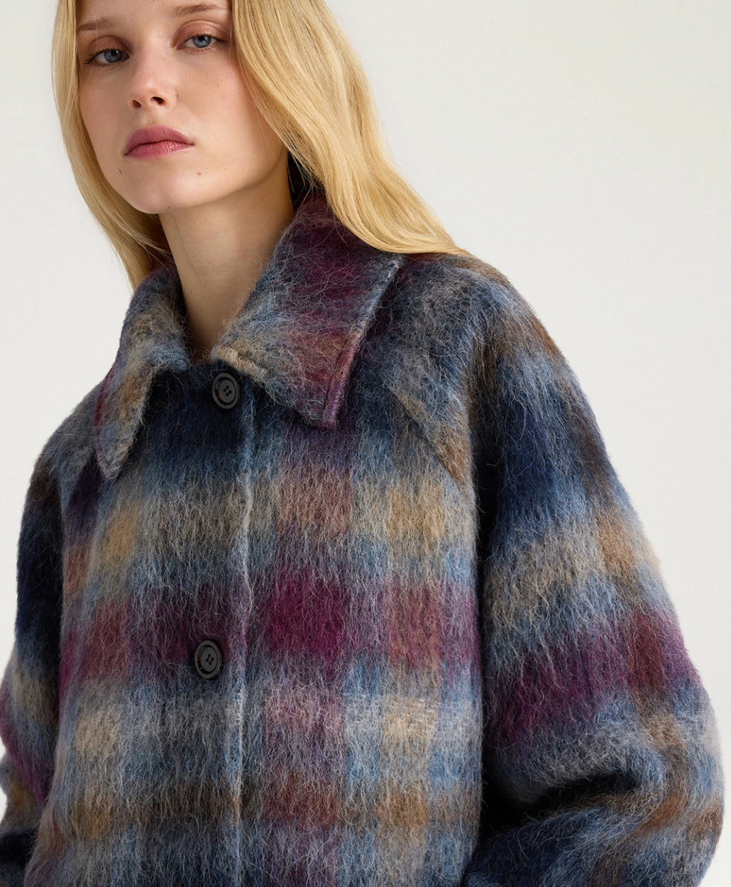 Manteau Veste Tartan Laine Céruléen/Cyclamen - Momoni