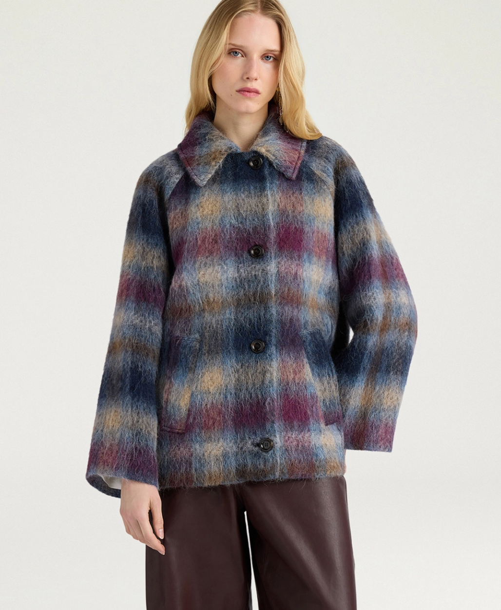 Manteau Veste Tartan Laine Céruléen/Cyclamen - Momoni