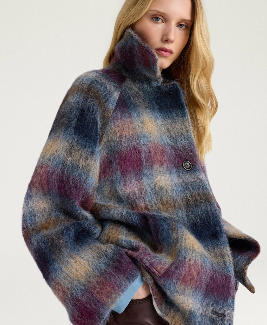 Manteau Veste Tartan Laine Céruléen/Cyclamen - Momoni