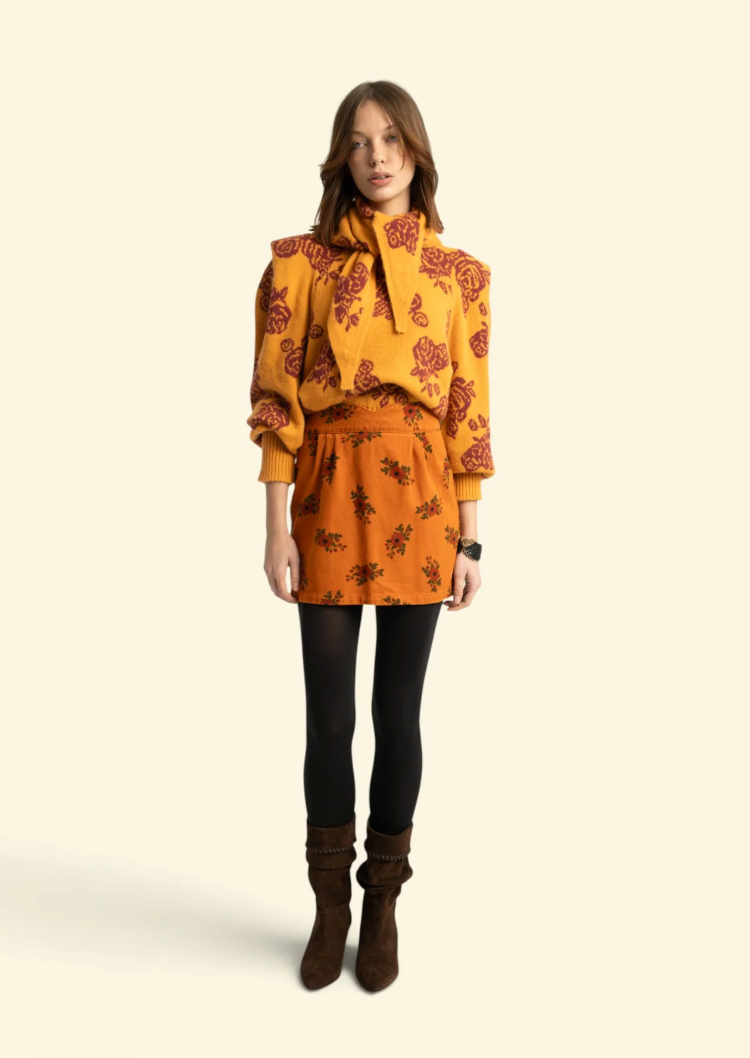 Knitted Soft Sweater Orange W/ Flowers - Sisters Department