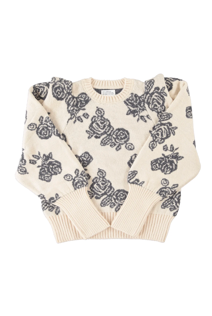 Knitted Soft Sweater Ecru W/ Flowers - Sisters Department