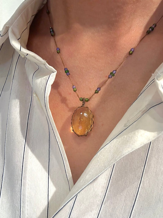 Collier Court Tibétain Citrine Fil Brun - Sharing