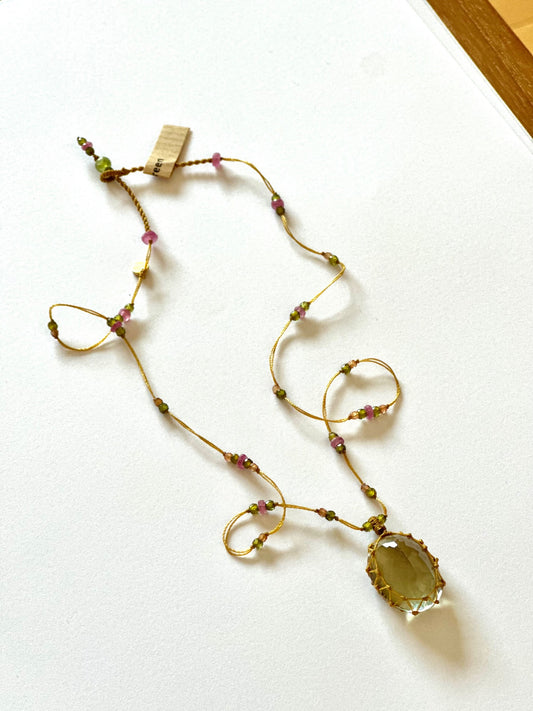 Collier Court Tibétain Améthyste Verte Fil Doré - Sharing