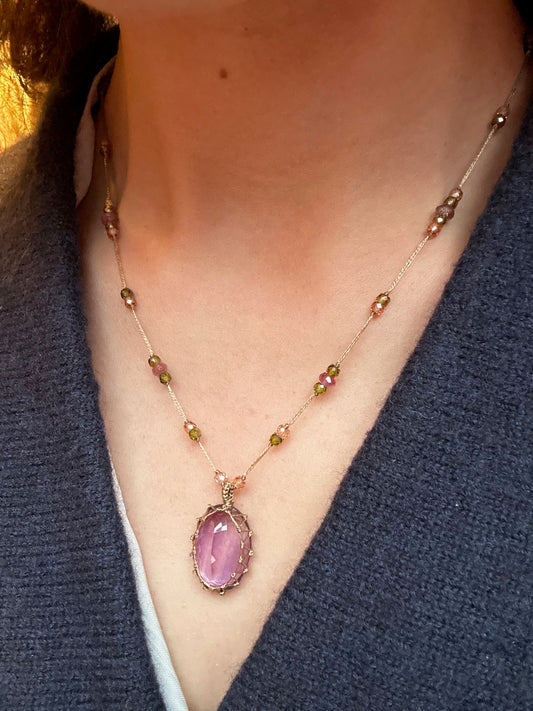 Collier Court Tibétain Améthyste Violette Fil Doré - Sharing
