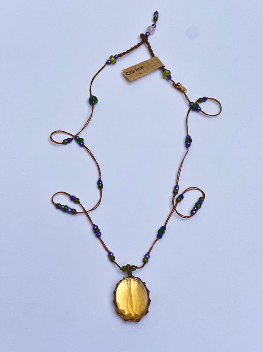 Collier Court Tibétain Citrine Fil Brun - Sharing