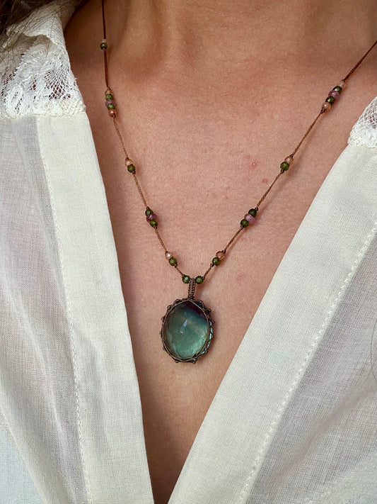 Collier Court Tibétain Fluorite Bleue Fil Brun (Rare) - Sharing