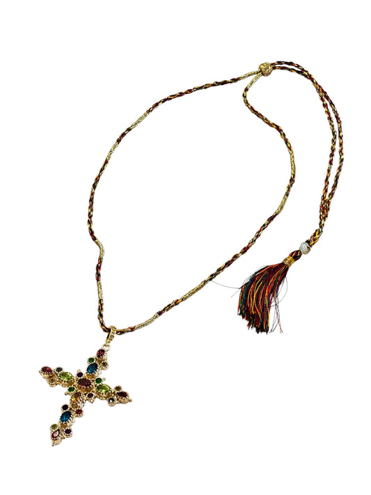 Collier Croix Grenade Tourmalines Multicolores Fil de Soie - Room Service