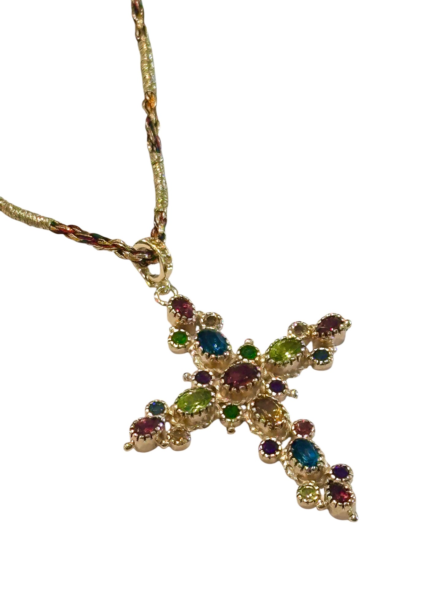 Collier Croix Grenade Tourmalines Multicolores Fil de Soie - Room Service