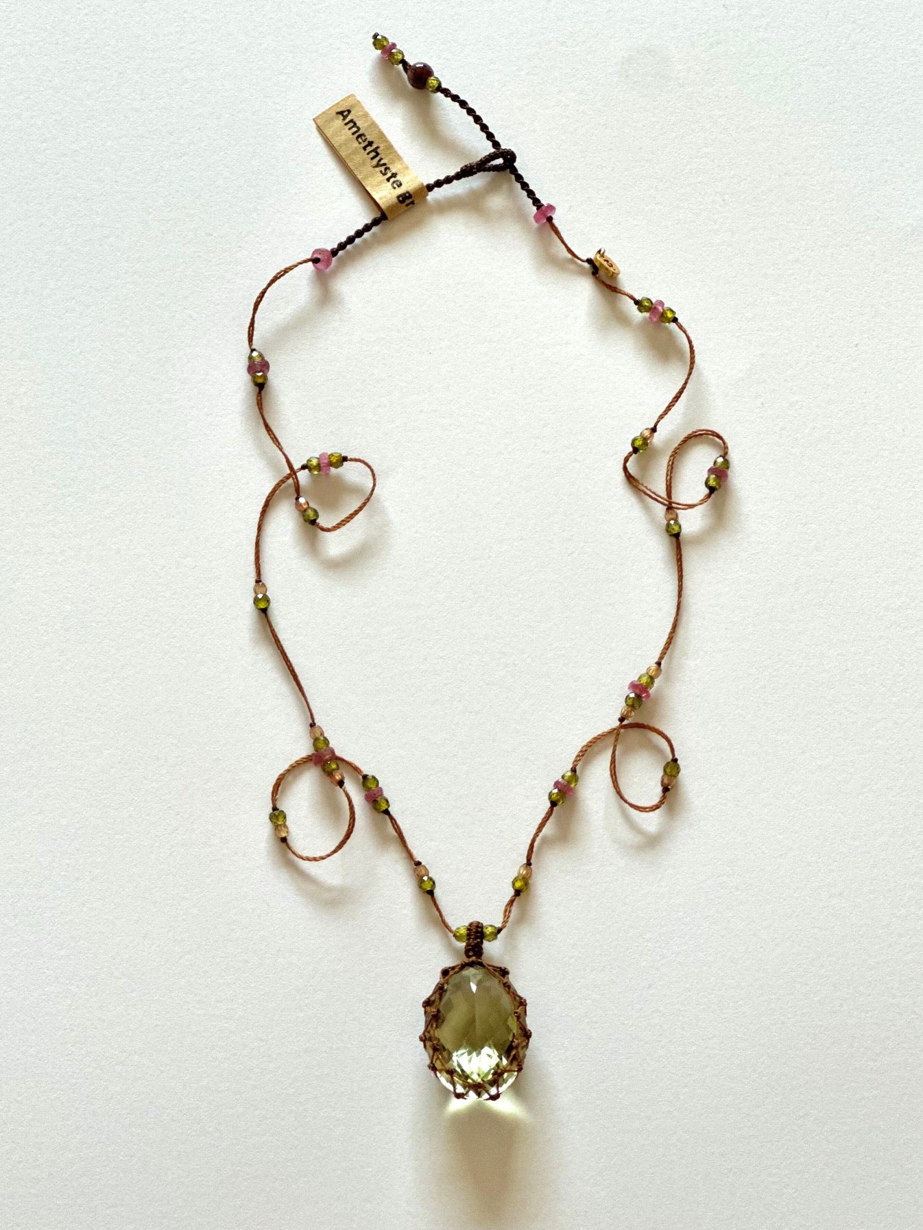 Collier Court Tibétain Améthyste Verte Fil Brun - Sharing